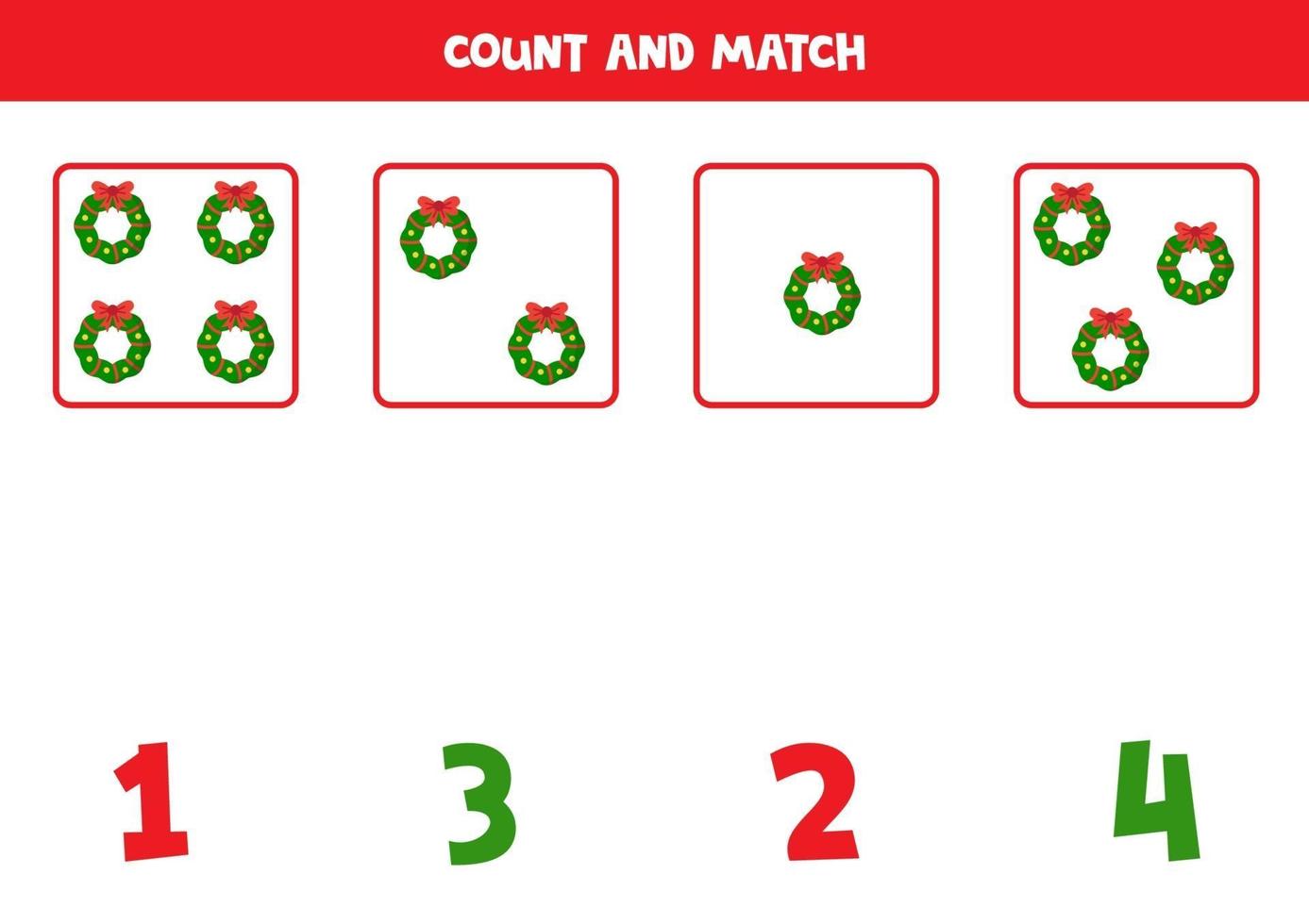 Counting game with Christmas wreaths. Mathematical worksheet. vector