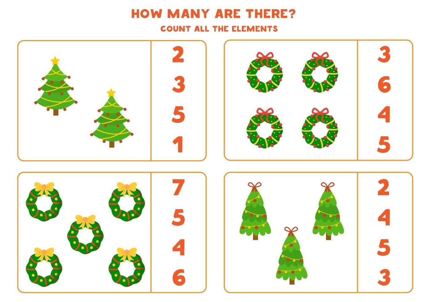 Counting game with wreaths and Christmas trees. vector