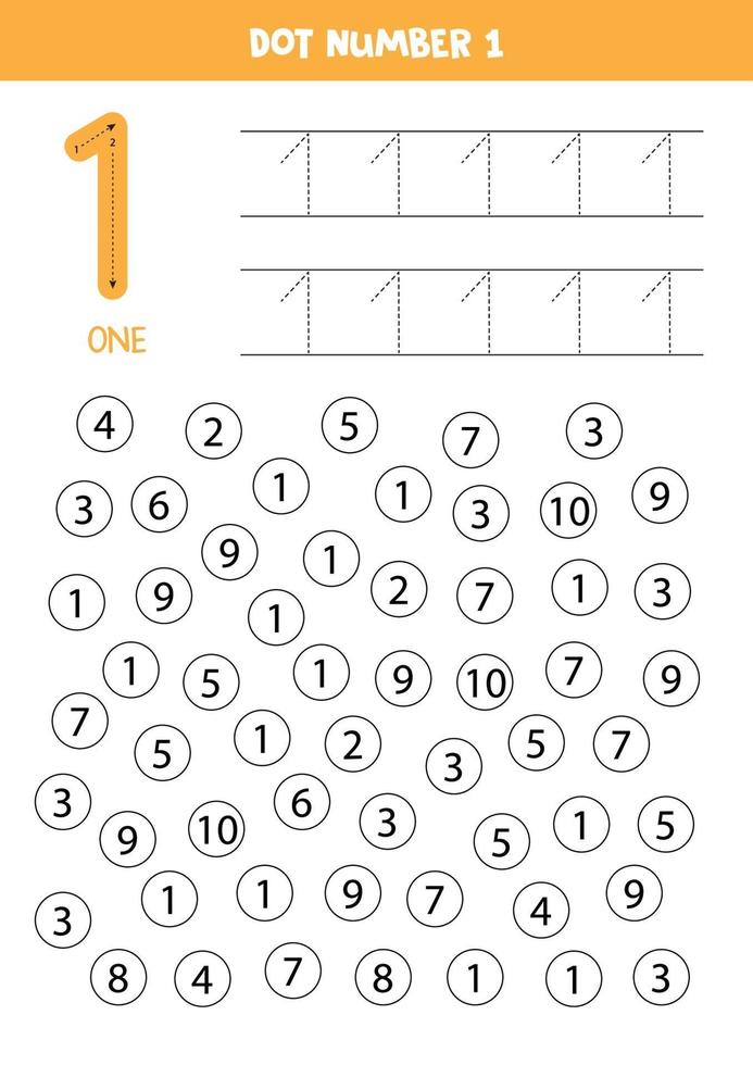 Dot or color all numbers 1. Educational game. vector