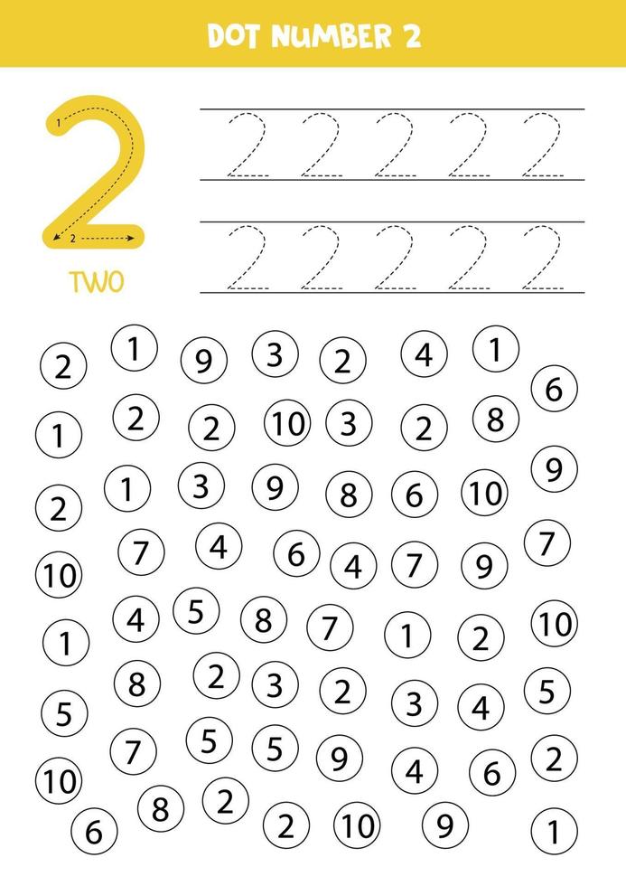 Encuentra y colorea el número 2. Juego de matemáticas para niños. vector