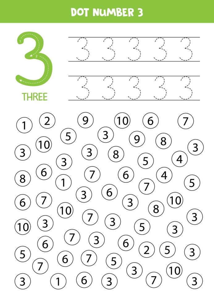 Find and dot number 3. Math game for kids. vector