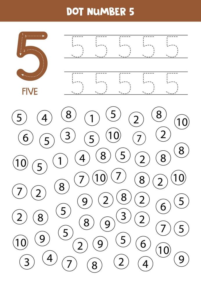 Encuentra y colorea el número 5. Juego de matemáticas para niños. vector