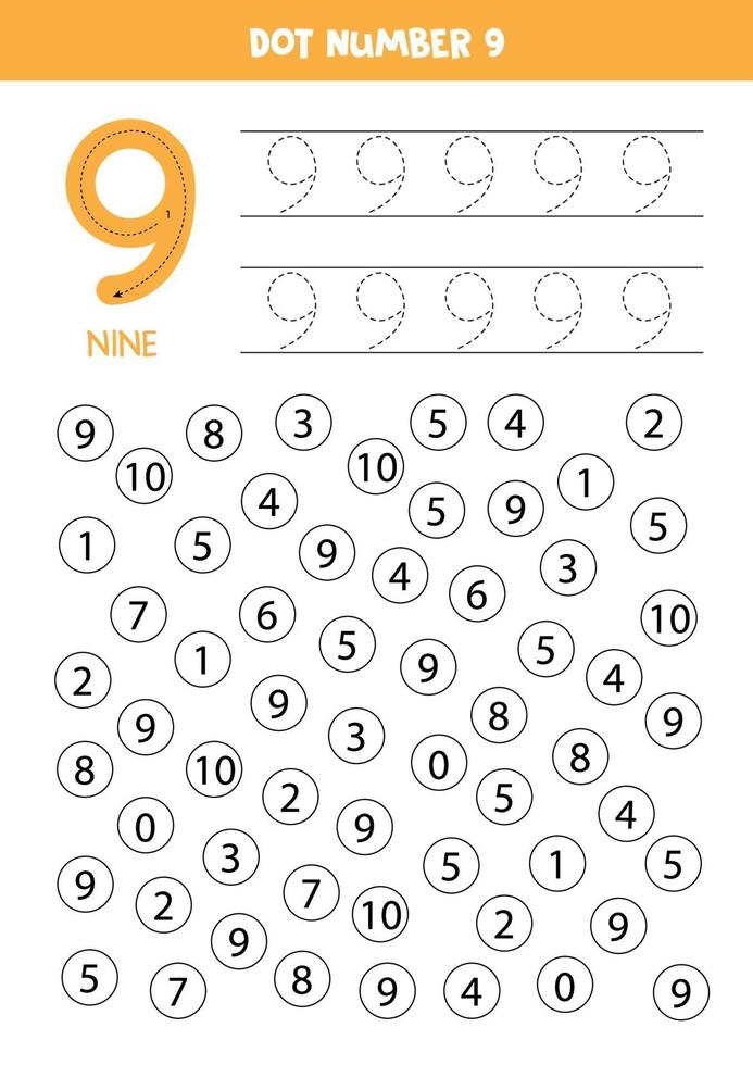 encuentra y puntea el número 9. Juego de matemáticas para niños. vector