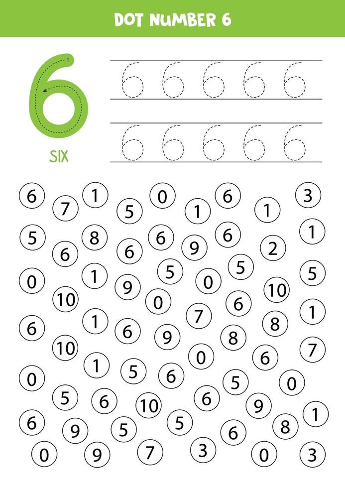 encuentra y puntea el número 6. Juego de matemáticas para niños. vector