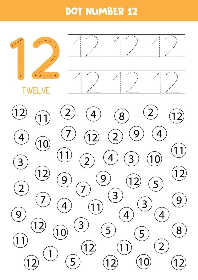 encuentra y colorea el número 12. Juego de matemáticas para niños. vector