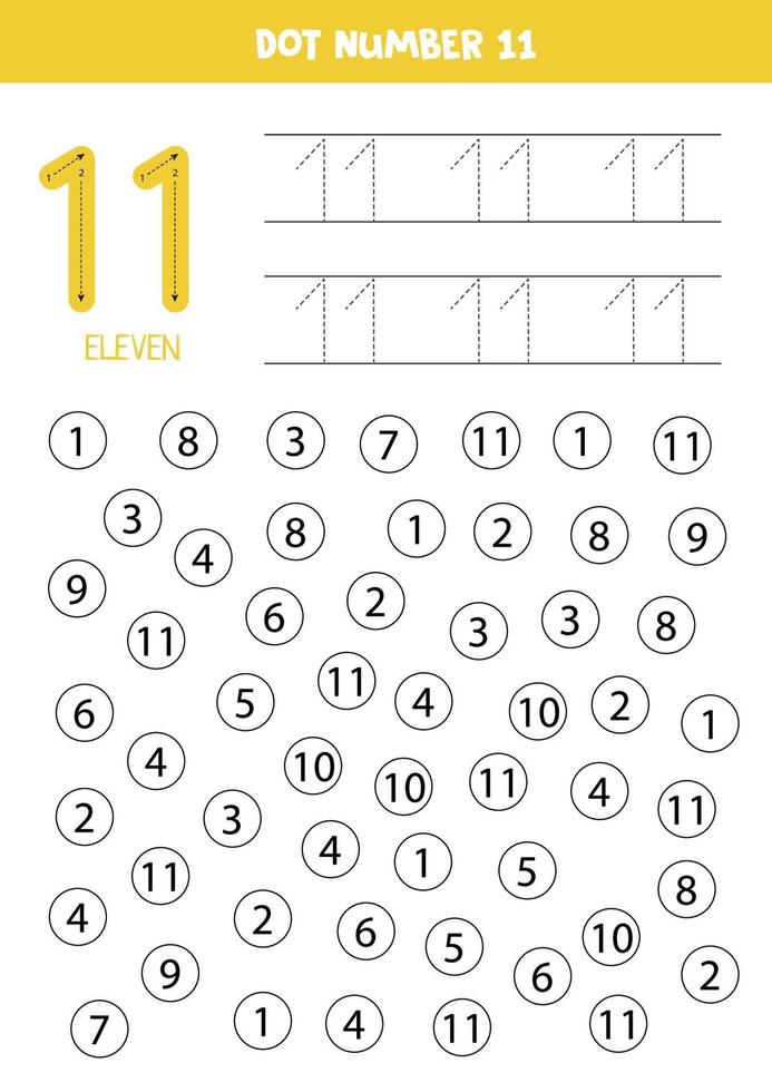 Dot or color all numbers 11. Educational game. vector