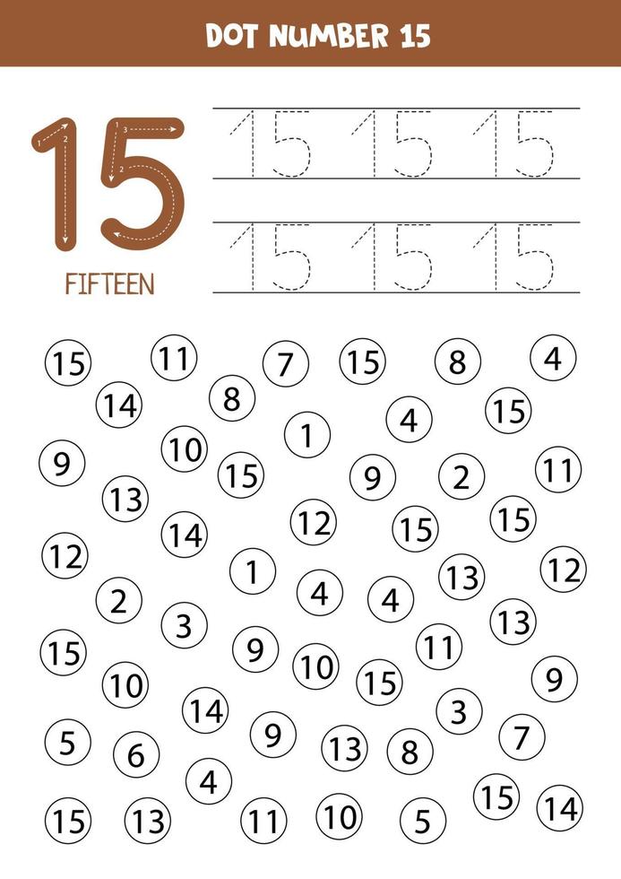 encuentra y colorea el número 15. Juego de matemáticas para niños. vector