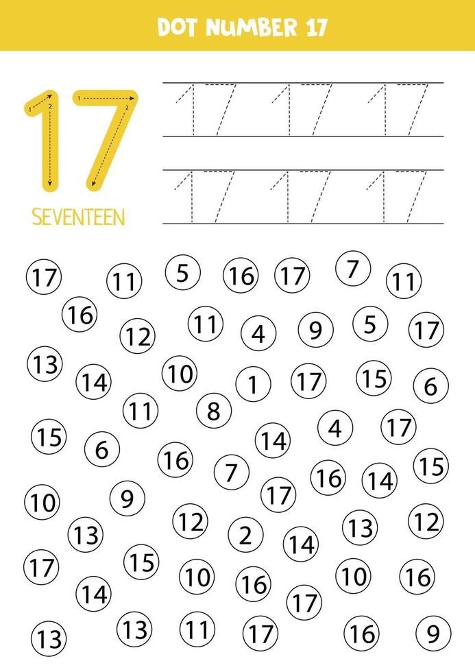 Find and color number 17. Math game for kids. vector