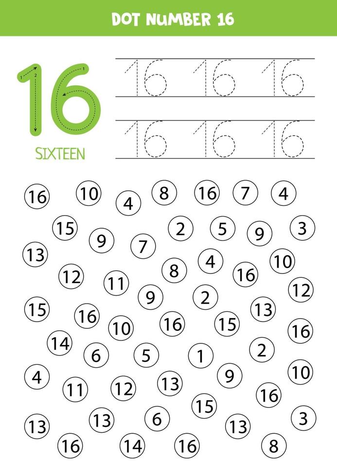 Dot or color all numbers 16. Educational game. vector