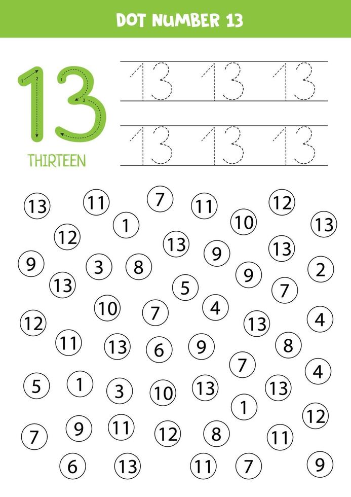 encuentra y puntea el número 13. Juego de matemáticas para niños. vector