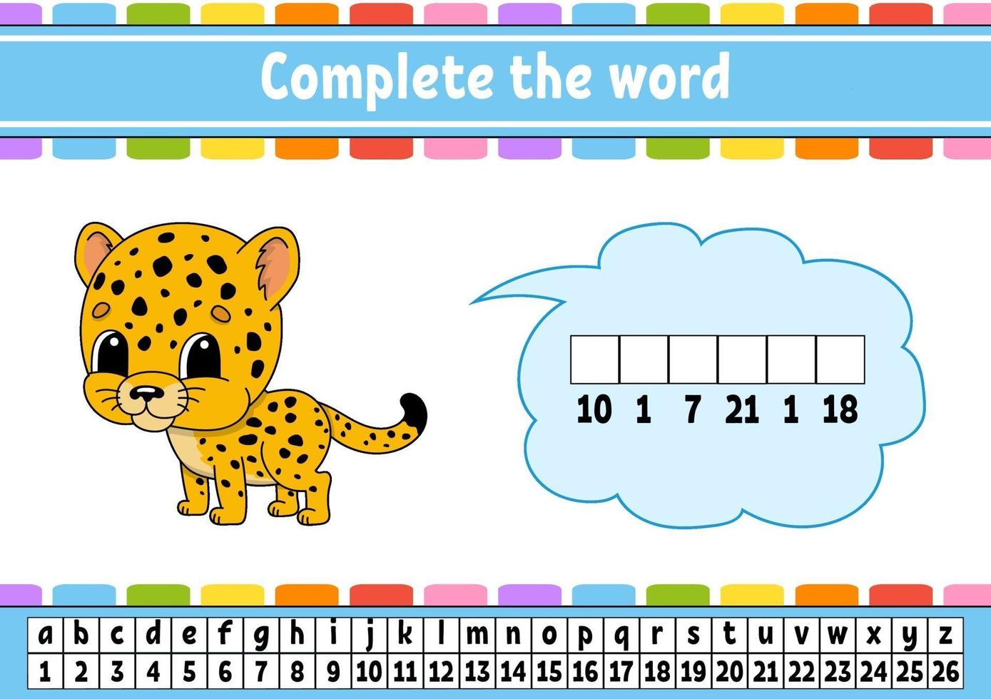 Complete the words jaguar. Cipher code. Learning vocabulary and numbers. Education worksheet. Activity page for study English. Isolated vector illustration. Cartoon character.