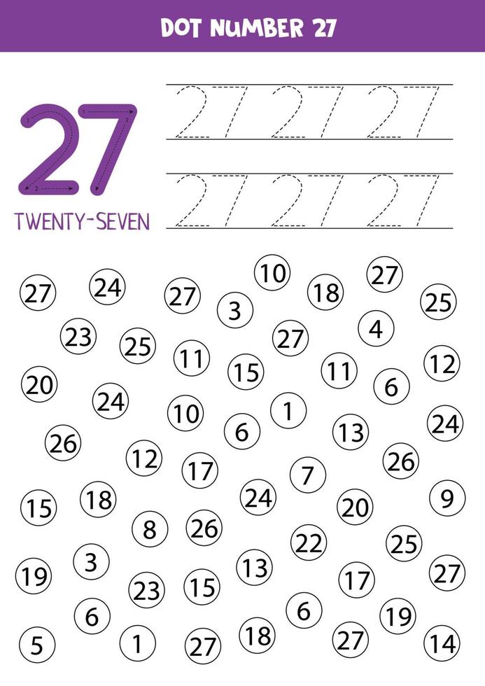 Find and dot number 27. Math game for kids. vector