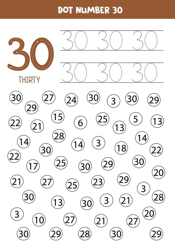 Find and dot number 30. Math game for kids. vector