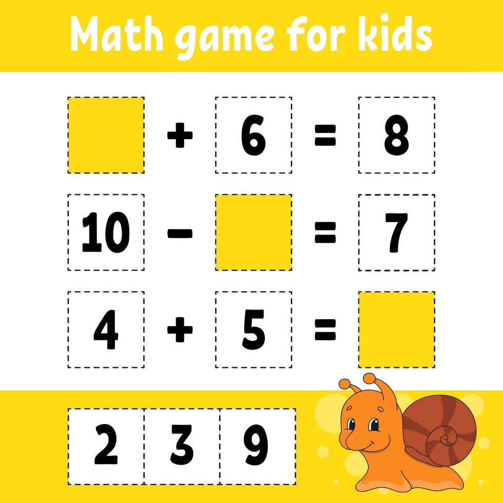 Math game for kids snail. Education developing worksheet. Activity page with pictures. Game for children. Color isolated vector illustration. Funny character. Cartoon style.