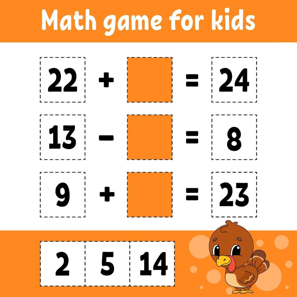 Math game for kids turkey. Education developing worksheet. Activity page with pictures. Game for children. Color isolated vector illustration. Funny character. Cartoon style.