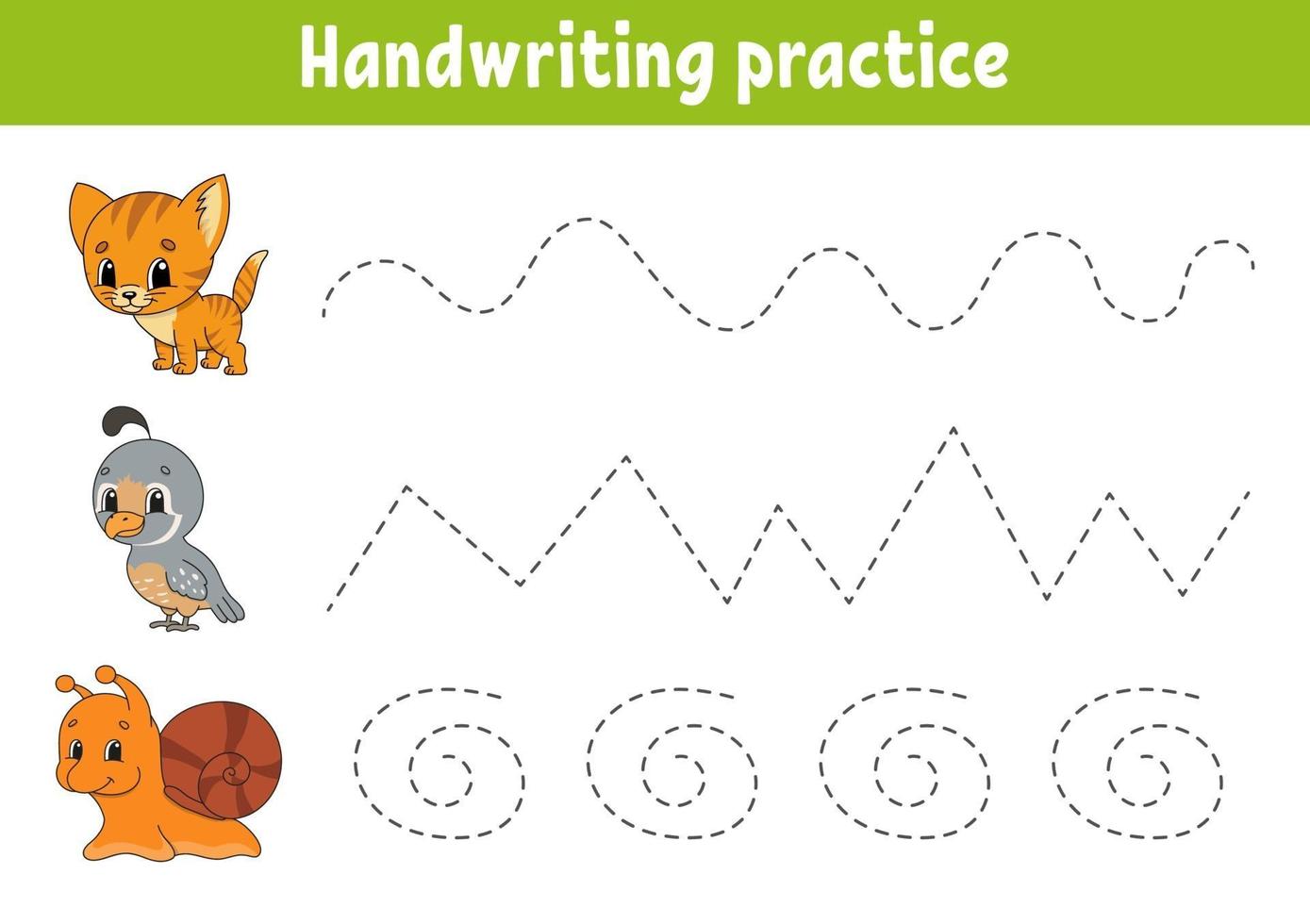 Handwriting pactice cat. Education developing worksheet. Activity page. Color game for children. Isolated vector illustration. Cartoon character.