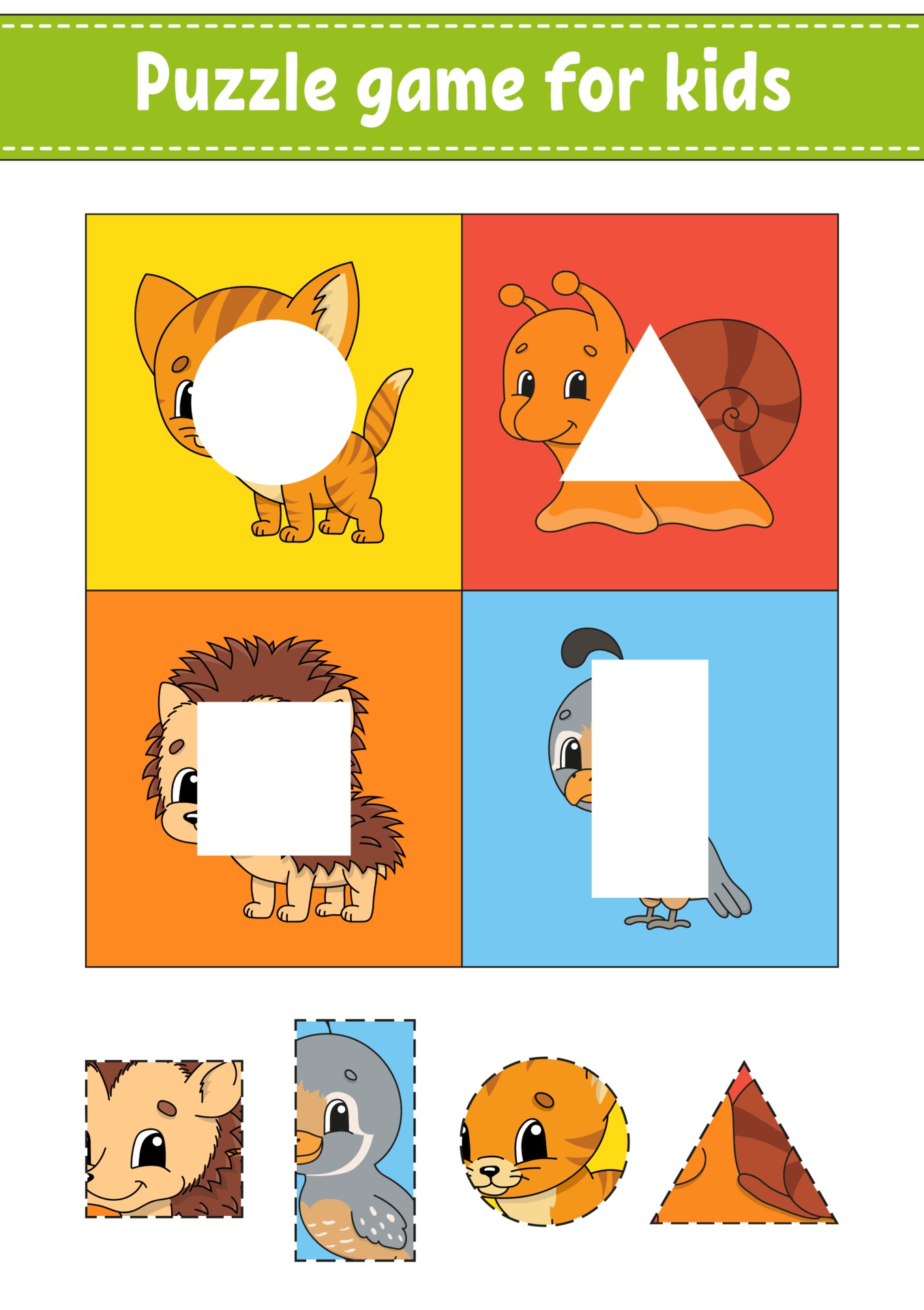 Puzzle game for kids. Cut and paste. Cutting practice. Learning shapes