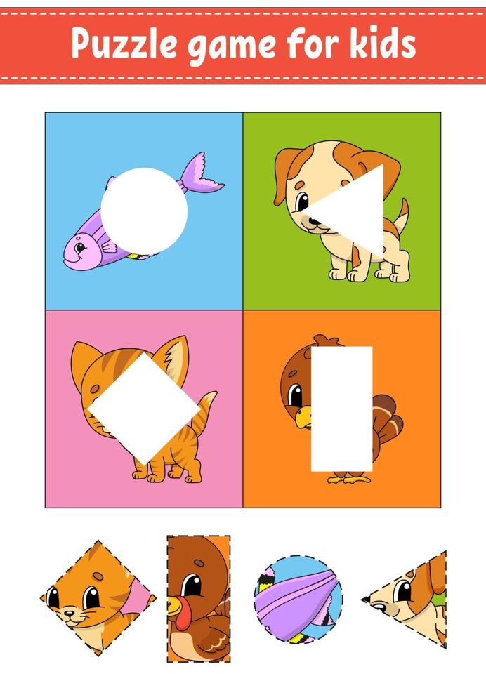 Puzzle game for kids. Cut and paste. Cutting practice. Learning shapes. Education worksheet. Circle, square, rectangle, triangle. Activity page. Cartoon character. vector