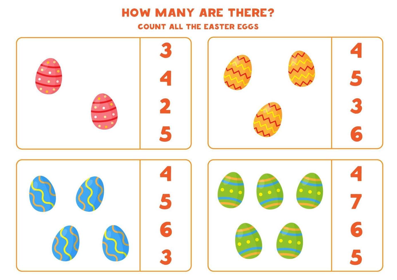 juego de conteo con huevos de Pascua de dibujos animados. hoja de trabajo de matemáticas. vector