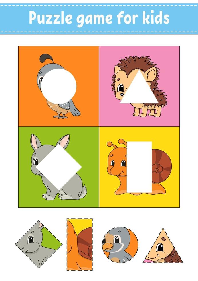 Puzzle game for kids. Cut and paste. Cutting practice. Learning shapes. Education worksheet. Circle, square, rectangle, triangle. Activity page. Cartoon character. vector