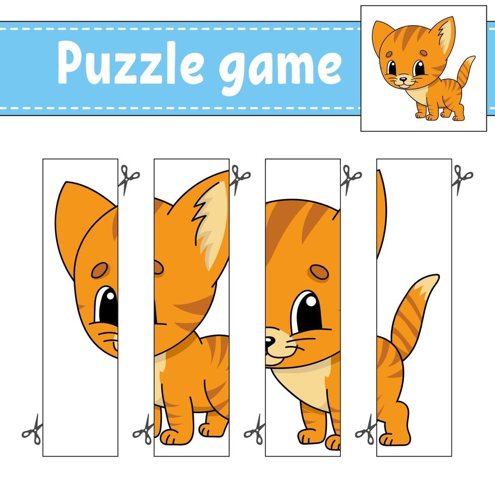 Puzzle game for kids with cat. Cutting practice. Education developing worksheet. Activity page. Cartoon character. vector