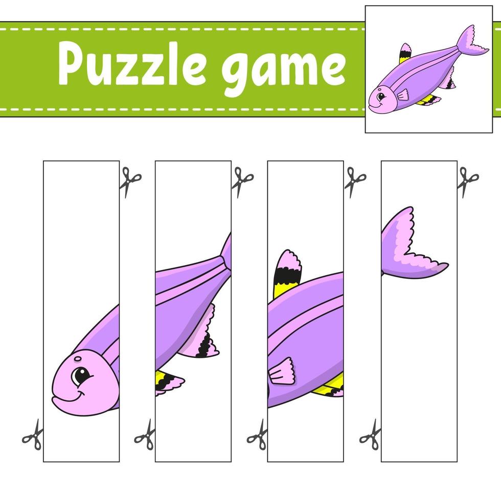 Puzzle game for kids with fish. Cutting practice. Education developing worksheet. Activity page. Cartoon character. vector