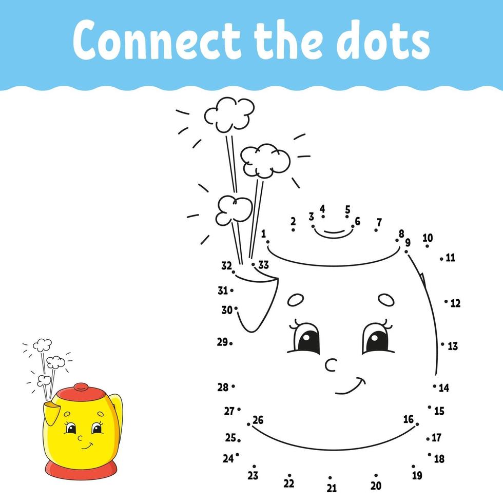 Dot to dot game with teapot. Draw a line. For kids. Activity worksheet. Coloring book. With answer. Cartoon character. Vector illustration.