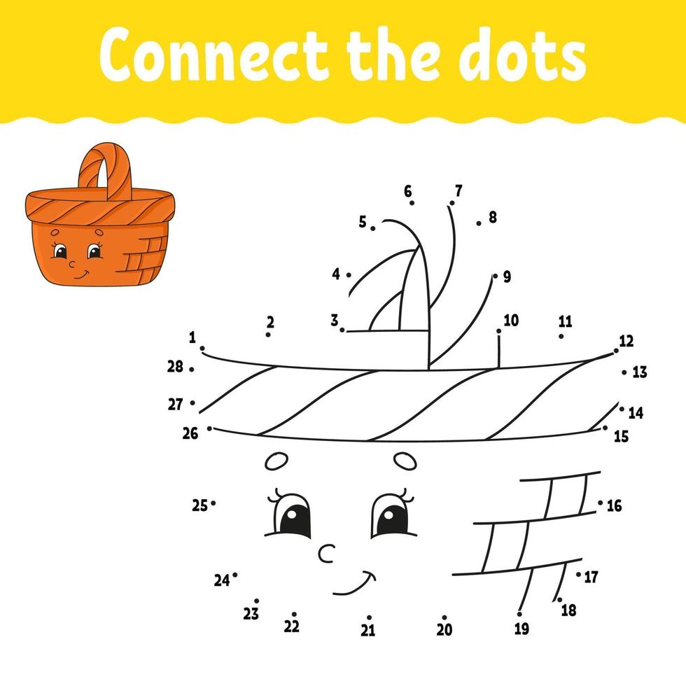 Dot to dot game with basket. Draw a line. For kids. Activity worksheet. Coloring book. With answer. Cartoon character. Vector illustration.