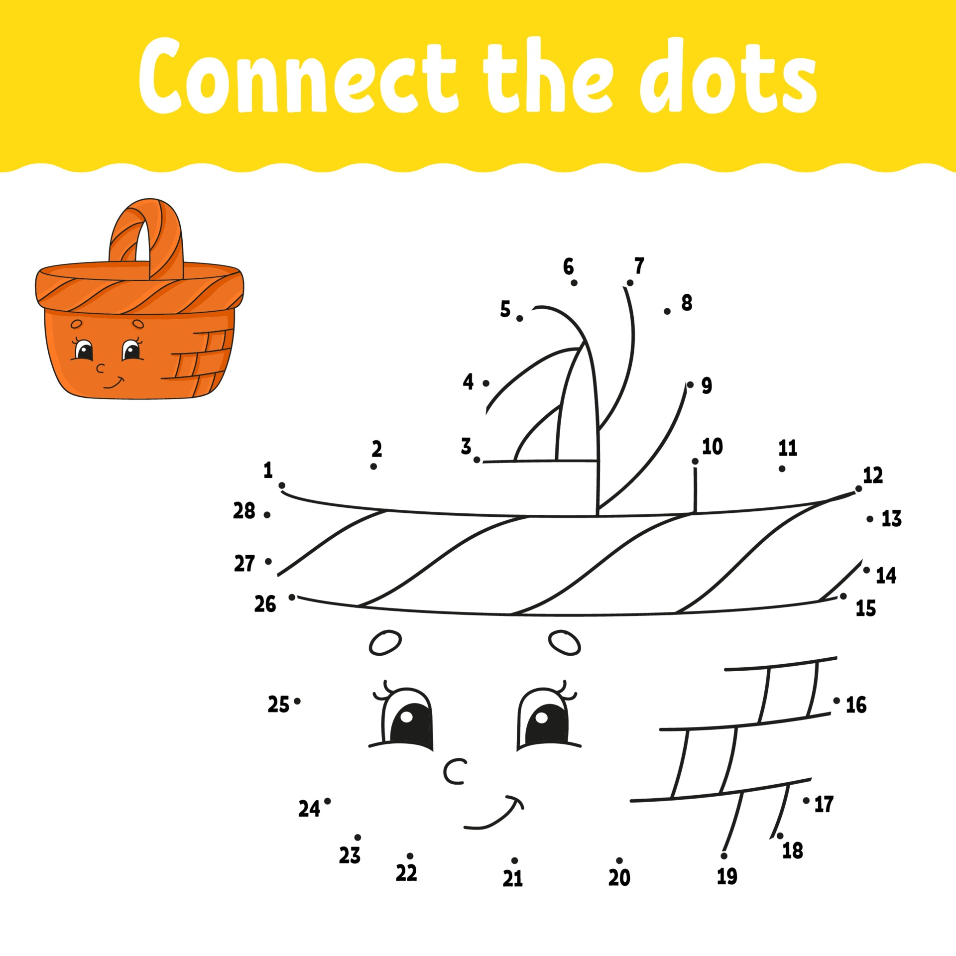 dot to dot game with basket draw a line for kids activity worksheet coloring book with answer cartoon character vector illustration 2170683 vector art at vecteezy