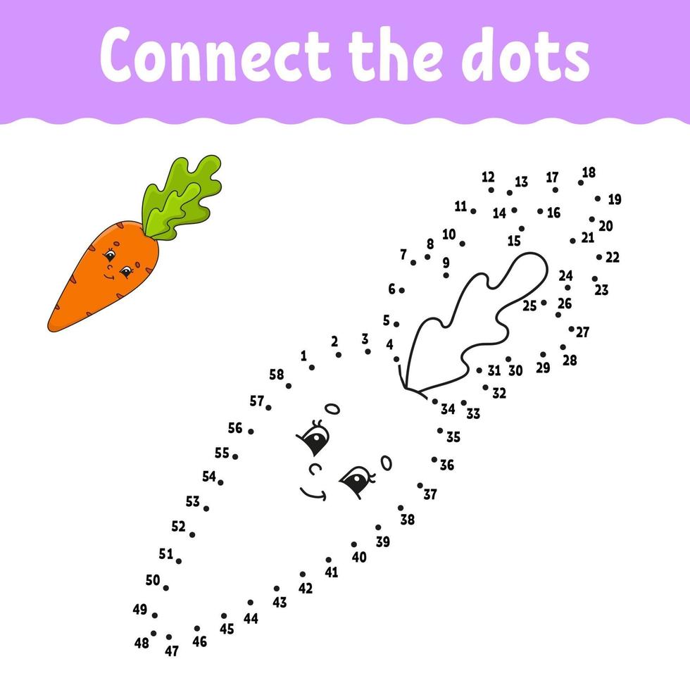 Dot to dot game with carrot. Draw a line. For kids. Activity worksheet. Coloring book. With answer. Cartoon character. Vector illustration.