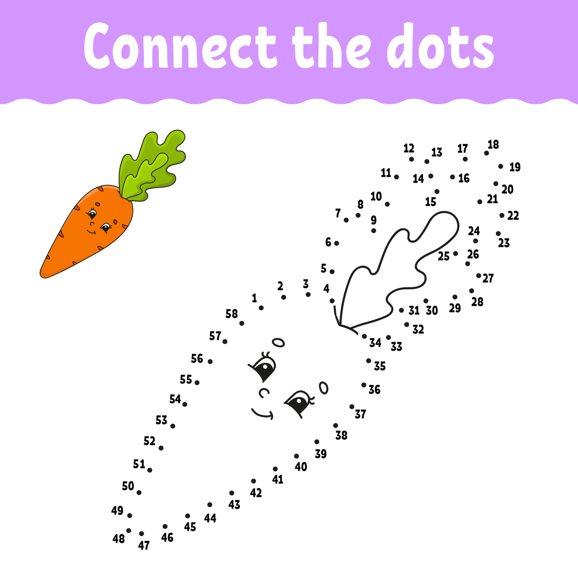Dot to dot game with carrot. Draw a line. For kids. Activity worksheet
