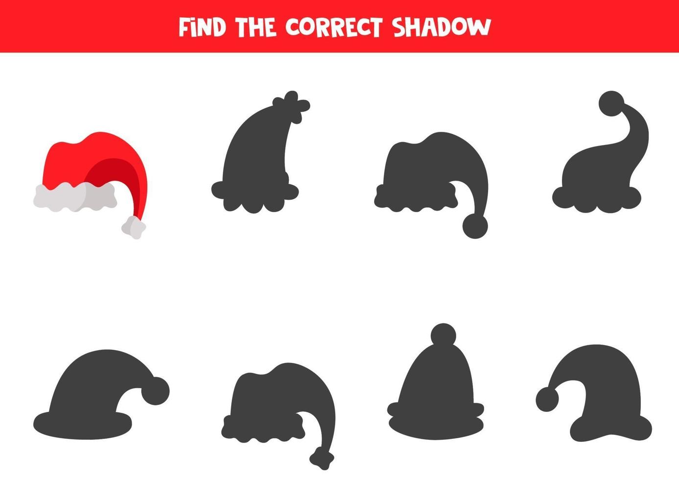 Find shadow of Christmas cartoon hat. Logical game. vector