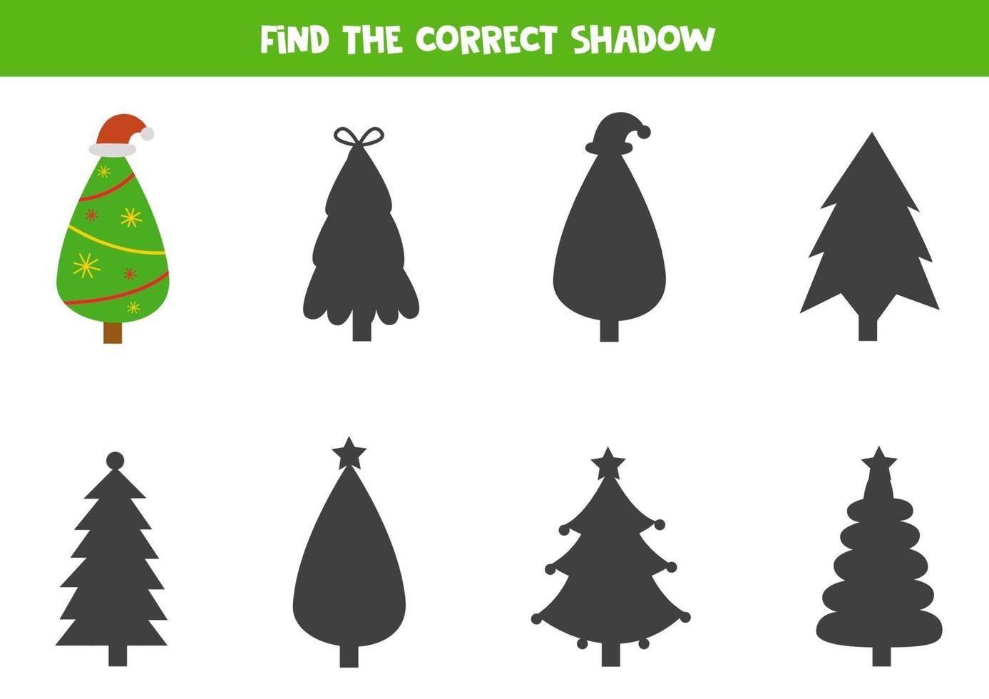 Find shadow of Christmas cartoon tree. Logical game. vector