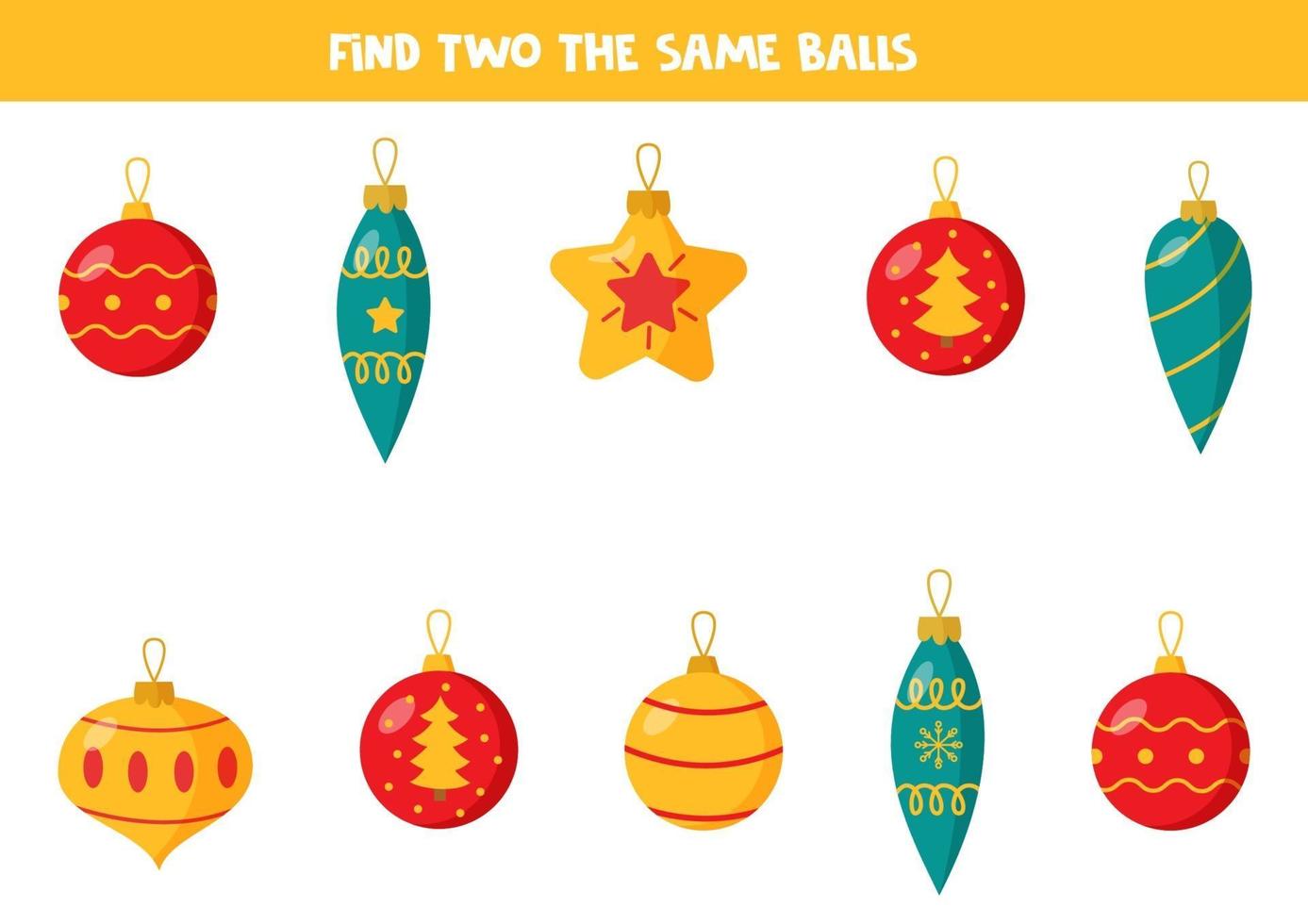 Find two identical Christmas balls. Logical game. vector