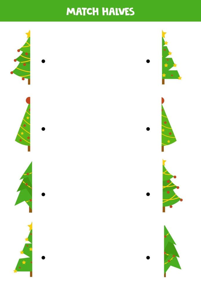 juego de rompecabezas para niños. Coinciden con las mitades de los árboles de Navidad. vector