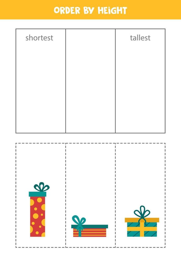 Match Christmas presents by height. Logical worksheet. vector