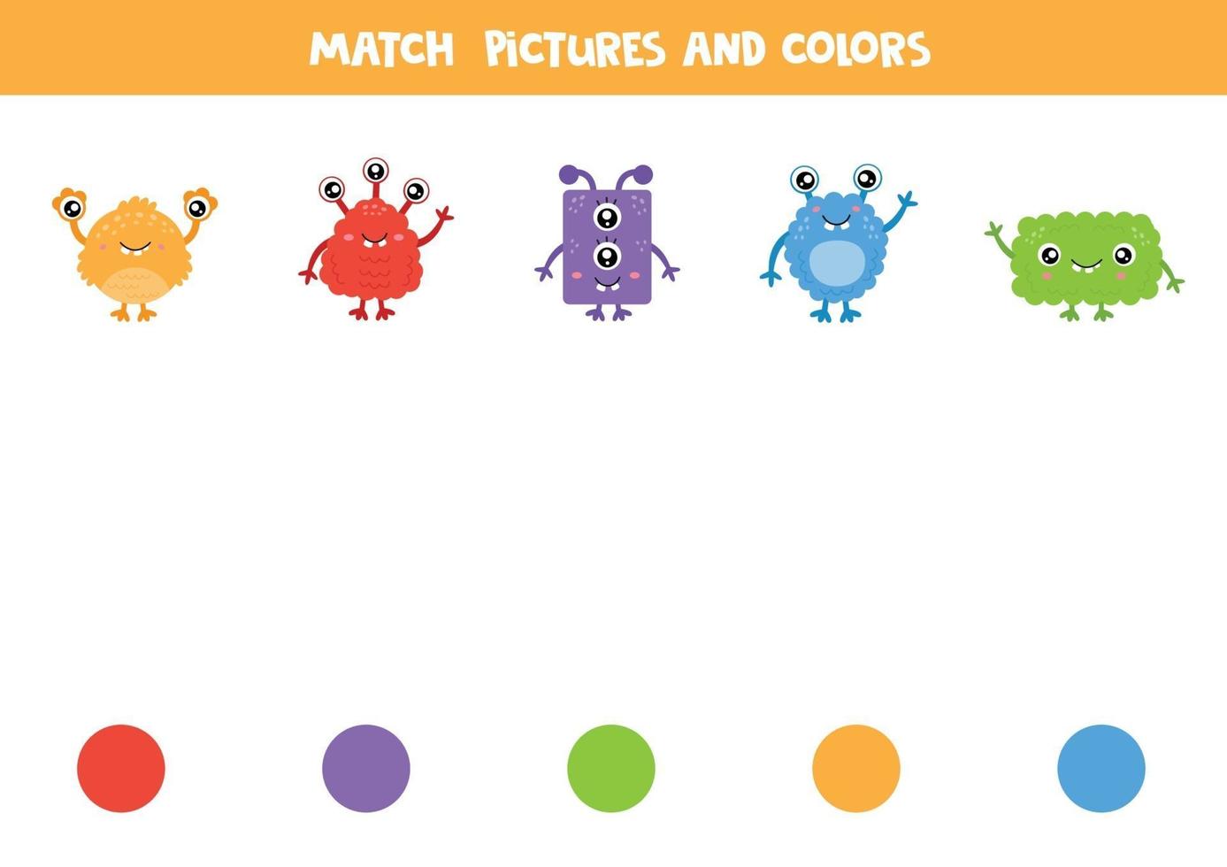 Color matching game with cartoon monsters. Worksheet for kids. vector