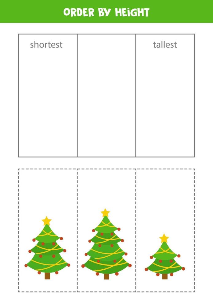 Sorting game for kids. Sort Christmas trees by height. vector