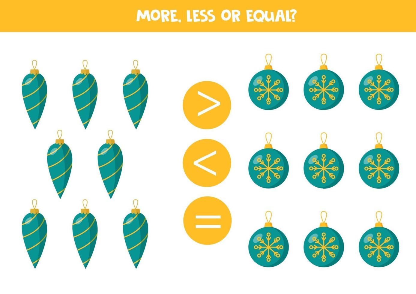 More, less, equal with Christmas baubles. Math game for children. vector