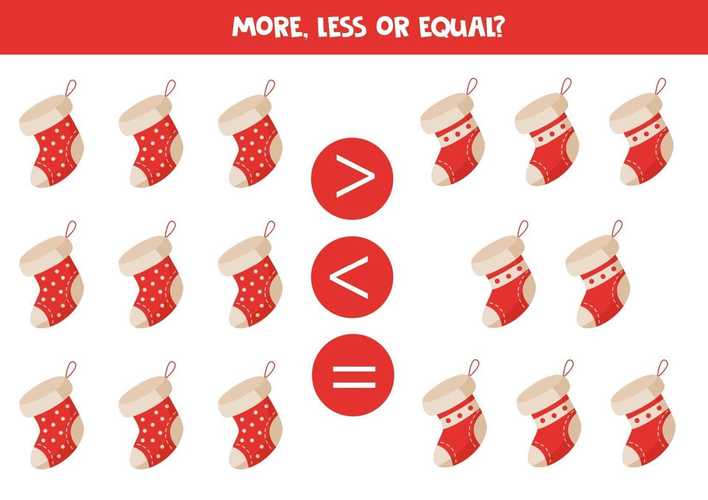 More, less, equal of Christmas socks. Math equation. vector