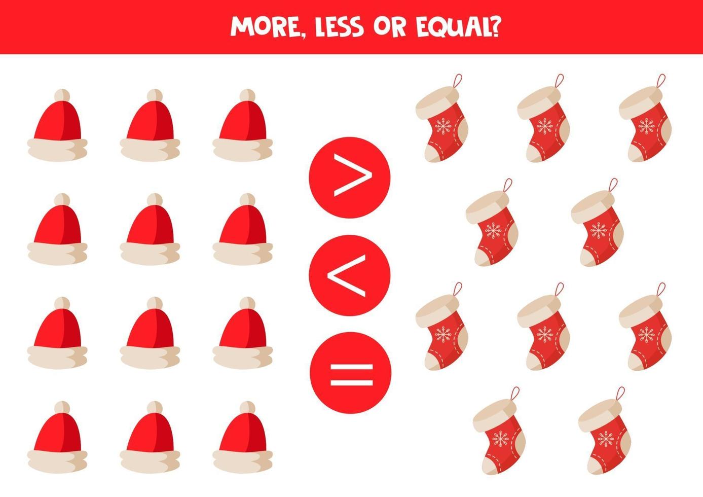 Comparison of objects for kids. More, less with cartoon Christmas caps and socks. vector