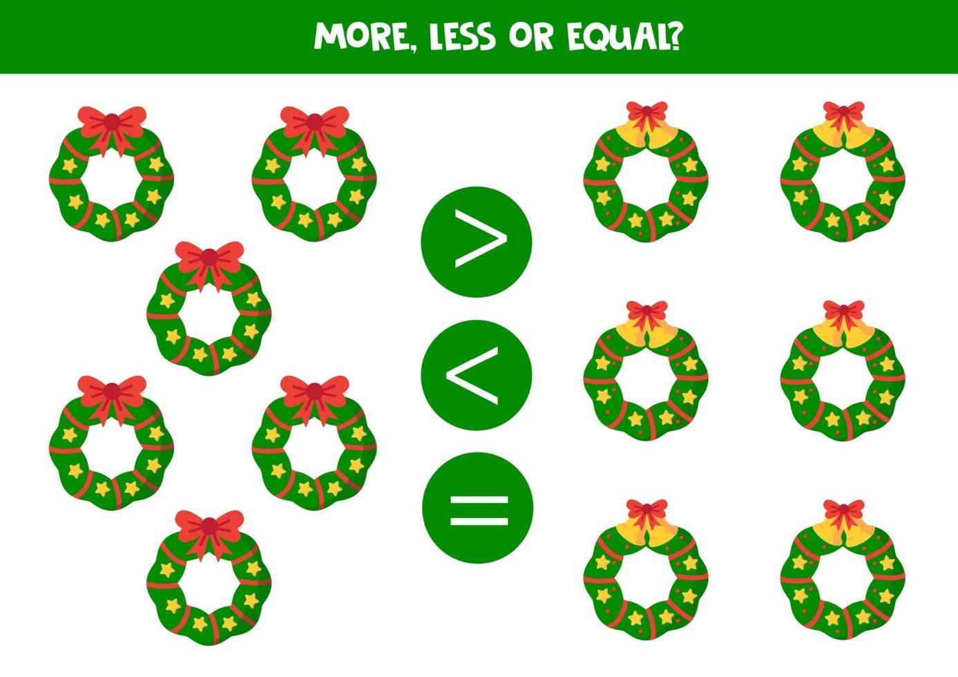 Count all Christmas wreaths and compare numbers. vector