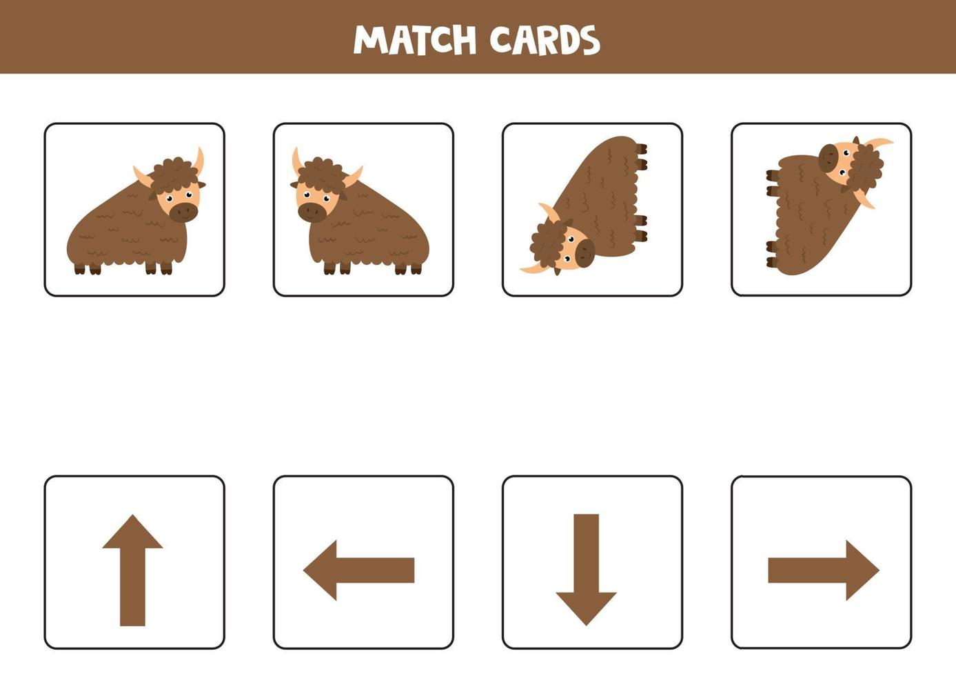 Spatial orientation for kids with cute cartoon yak. vector