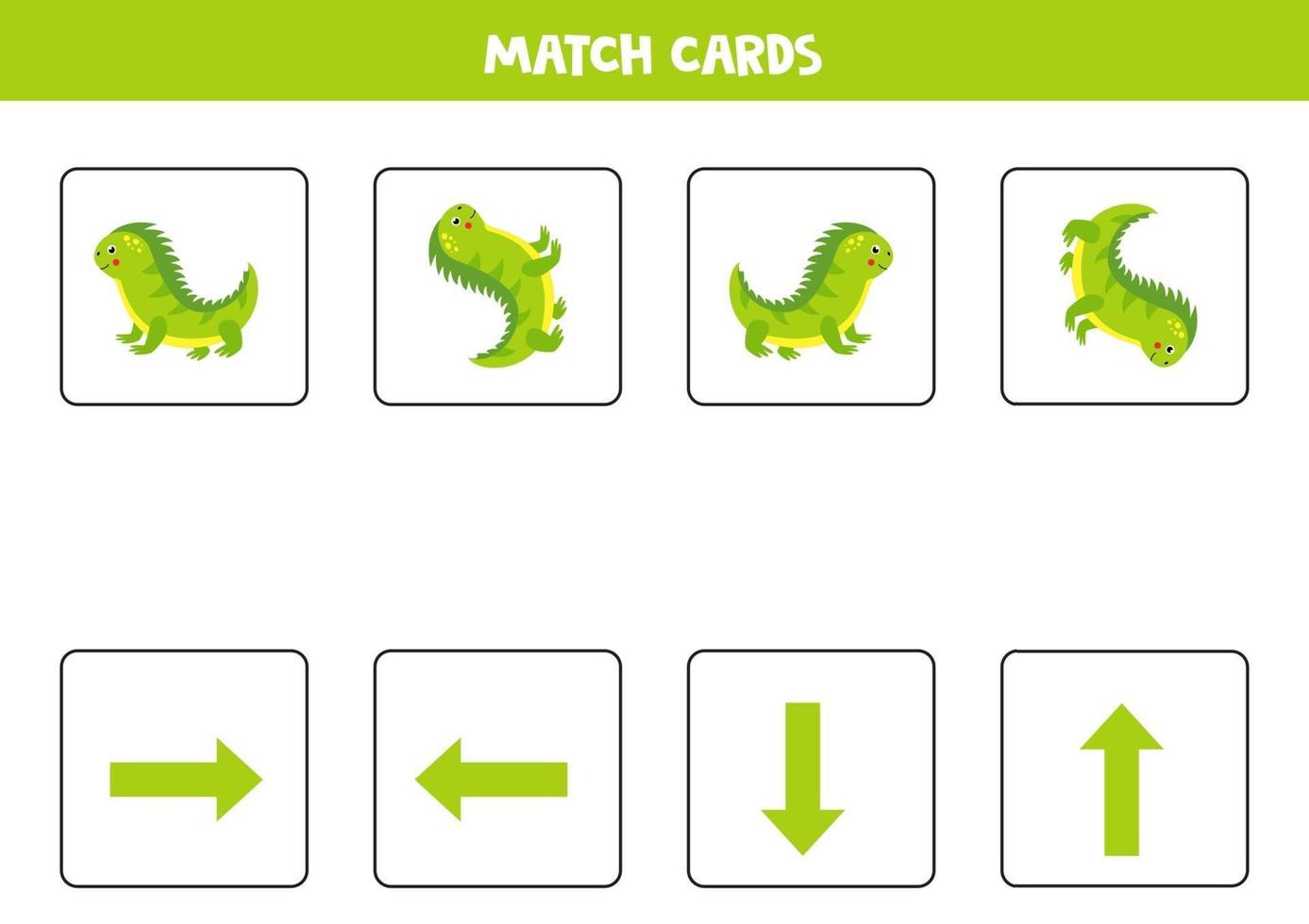 Spatial orientation for kids with cute cartoon iguana. vector