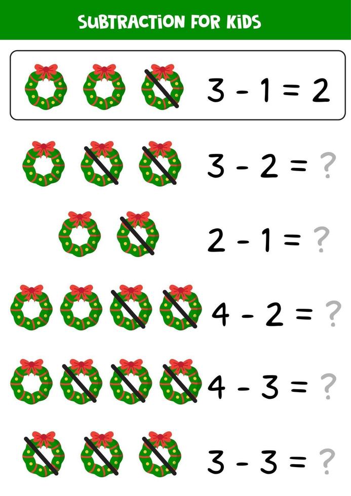 Subtraction game for kids with cartoon Christmas wreaths. vector