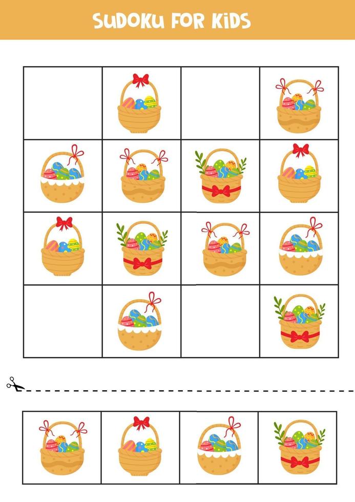 Sudoku game. Set of Easter baskets with eggs. vector