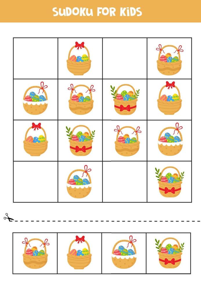 juego de sudoku. conjunto de cestas de pascua con huevos. vector