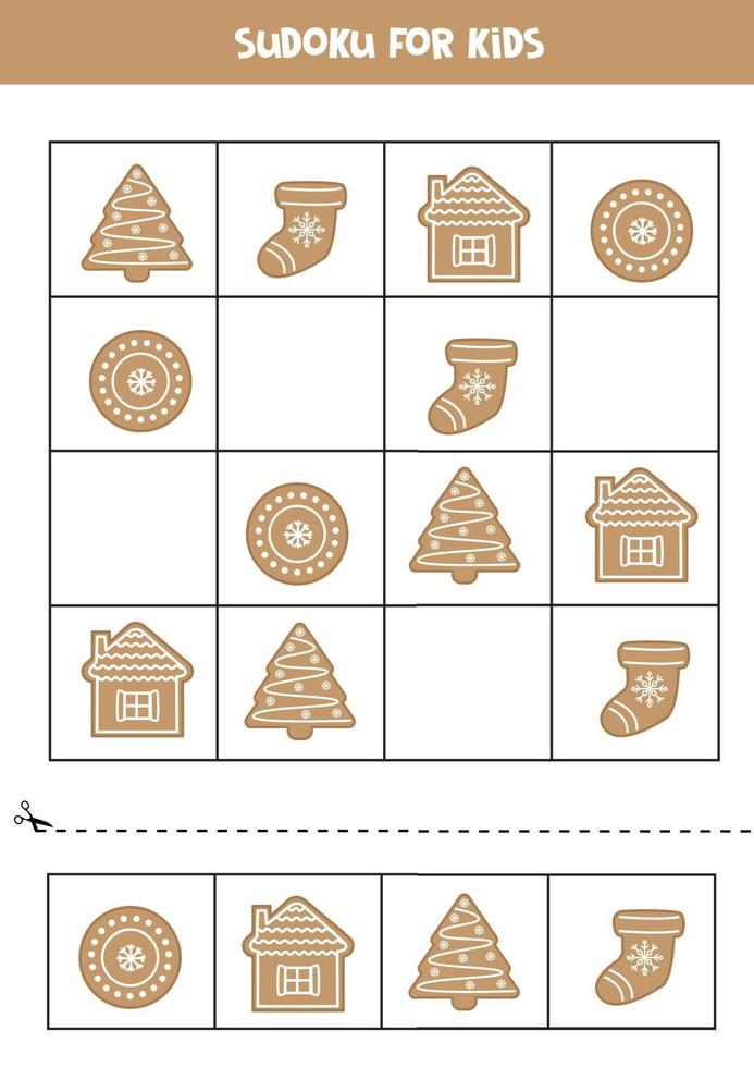 sudoku con galletas de jengibre navideñas. rompecabezas para niños en edad preescolar. vector