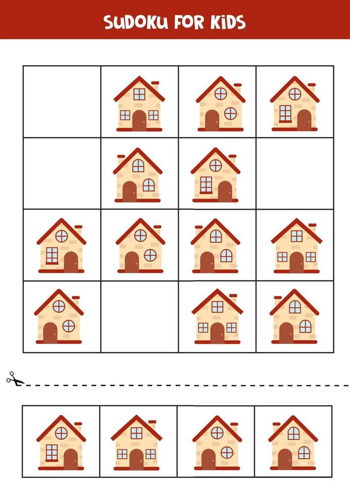 Sudoku game with cartoon houses. Logical worksheet for children. vector