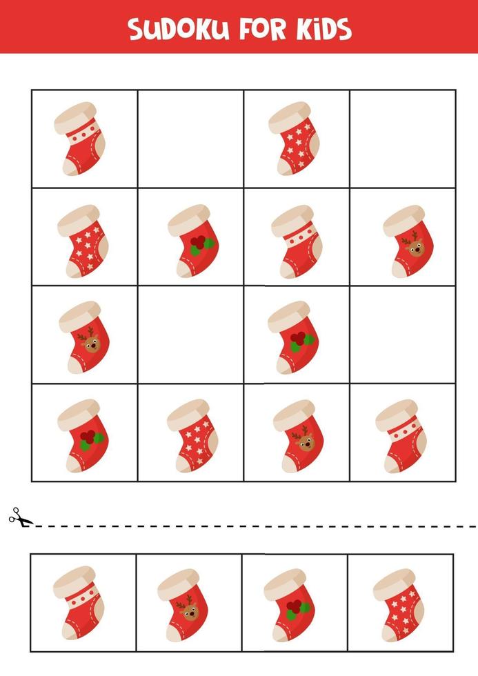 Logical game Sudoku with cartoon Christmas socks. vector